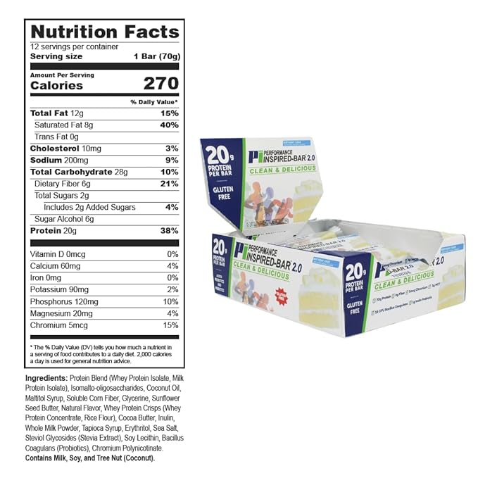 Performance Inspired Nutrition Protein Bar 2.0 – 20G Protein 6G Fiber 3G MCTs 1 Billion CFU Probiotics – Gluten-Free – Birthday Cake Flavor – 12 Count