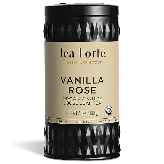 Tea Forte Vanilla Rose Premium Organic Loose Leaf Caffeinated White Tea Blend Canister Makes 35-50 Cups