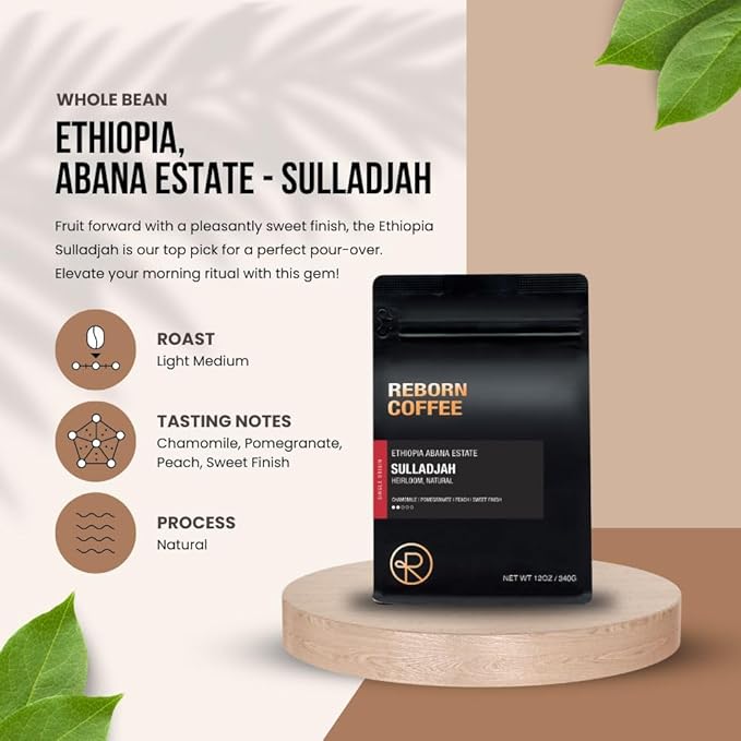 Reborn Coffee Specialty Whole Bean Coffee Medium Roast 12 Ounce Ethiopia Abana Estate Sulladjah Flavor Notes of Chamomile Pomegranate Peach and Sweet Finish