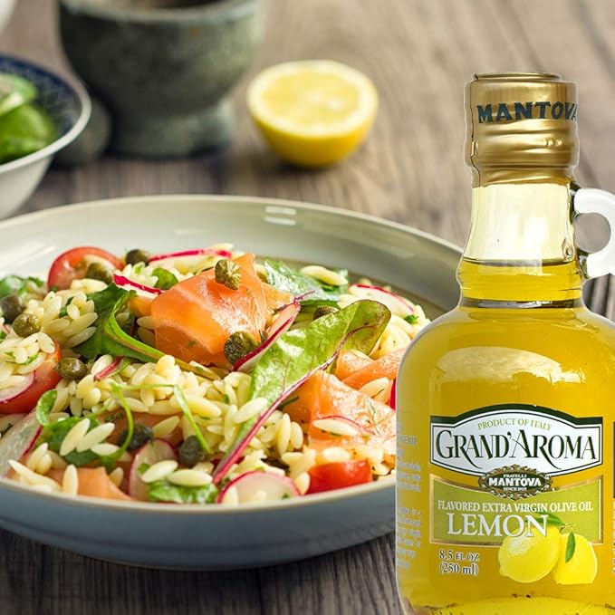 Mantova Grand’Aroma Lemon Flavored Extra Virgin Olive Oil made in Italy cold-pressed 100% natural heart-healthy cooking oil perfect for salad dressing pasta garlic bread meats or pan frying 8