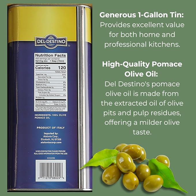 Del Destino Pomace Oil Milder Olive Taste Product of Italy - 1 Gallon Tin
