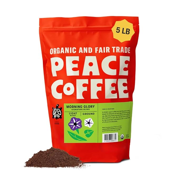Peace Coffee Morning Glory Signature Blend Ground Light Roast Coffee 5 lb Organic Fair Trade Smooth Mild Flavor Shade Grown Fresh Roasted
