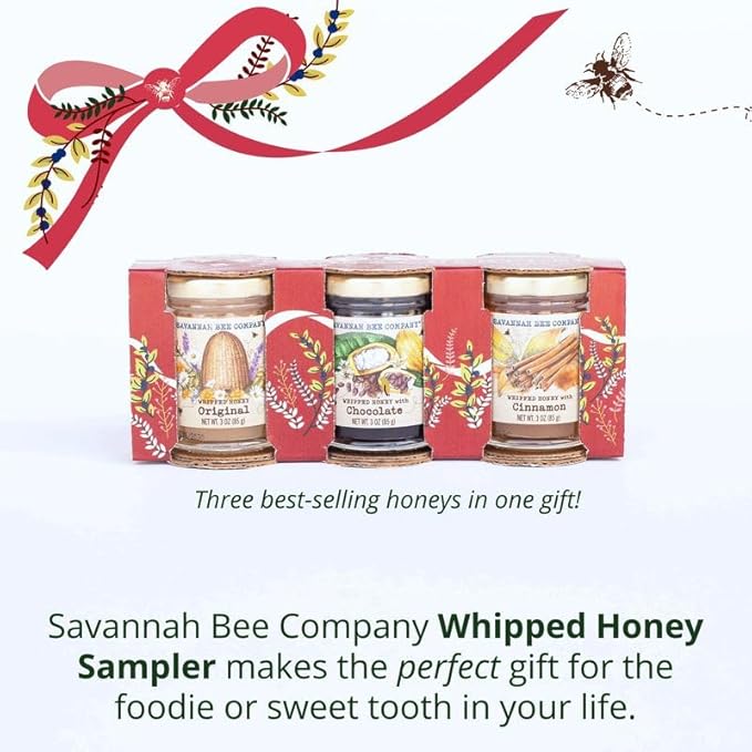 Savannah Bee Company Holiday Whipped Honey Sampler - Trio Honey Sample Set with Chocolate Cinnamon and Original