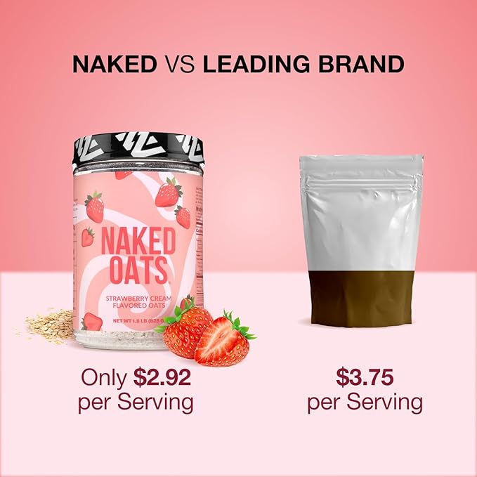 Naked Oats - Strawberry Cream Overnight Oats 20g Grass-Fed Protein Gluten-Free Oatmeal Instant Breakfast or Shake High Protein Oatmeal High Fiber Breakfast Shake Non GMO No Soy - 12 Servings