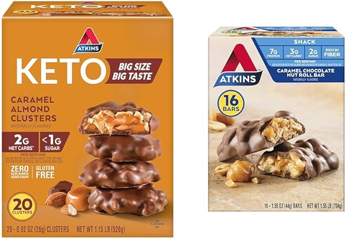 Atkins Caramel Almond Clusters Gluten Free High in Fiber 1g Sugar 2g Net Carb Keto Friendly 20 Count &amp Caramel Chocolate Nut Roll Snack Bar Protein Snack High in Fiber 2g Sugar 16 Count