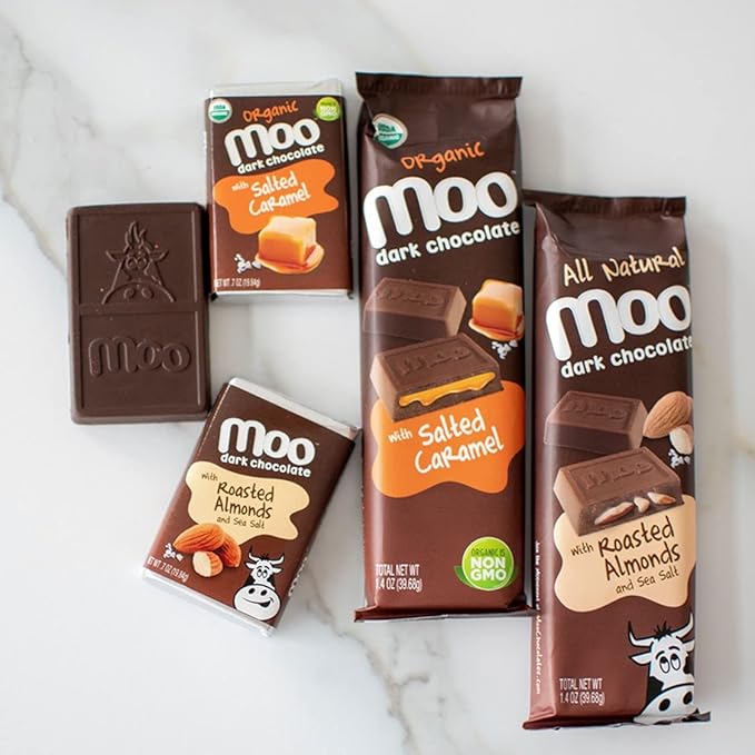 Moo Chocolates Organic Dark Chocolate Mini Bars with Salted Caramel 0.7oz 14 ct (Pack of 1) | USDA Organic Non-GMO | 100 Calorie Snacks for On-the-Go Lunchboxes Office
