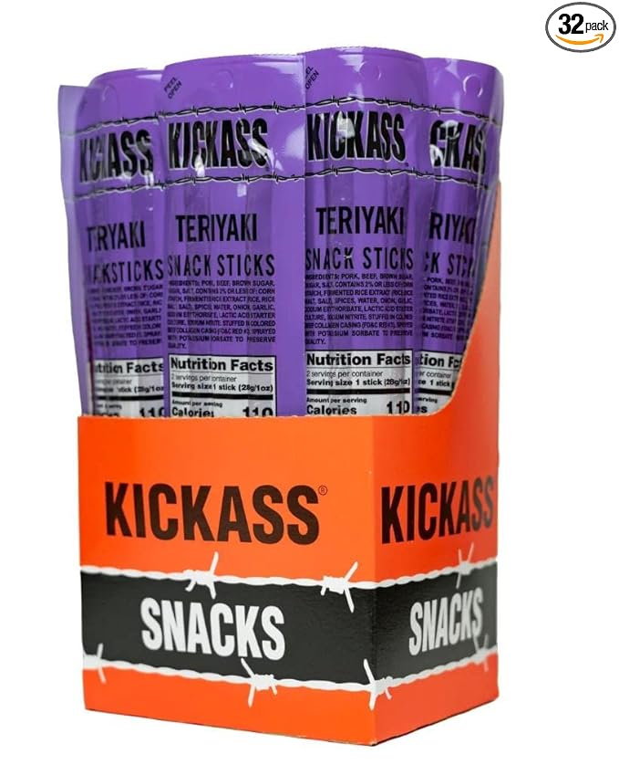 Kickass Teriyaki Meat Sticks 16ct Case - 2oz Twin Packs of Pork and Beef Jerky Snack Sticks - Beef Stick Meat Snacks - Jerky Sticks