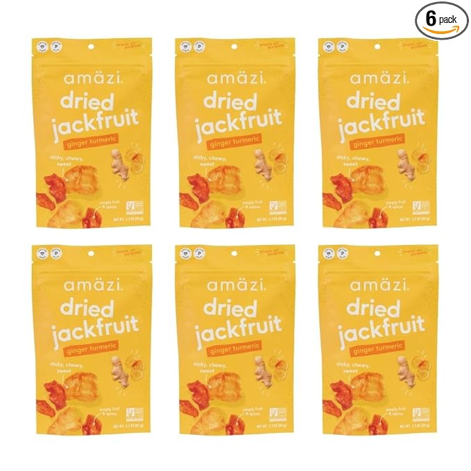 Amäzi Foods | Ginger Turmeric Dried Jackfruit (6 2.3oz Packs) | All Natural Snacks | Gluten Free Healthy Dried Fruit Snacks