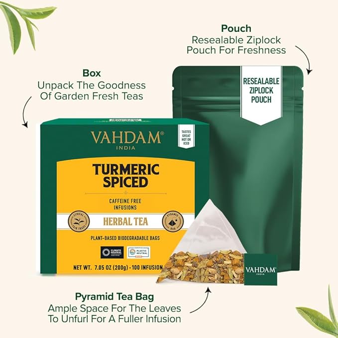 VAHDAM Turmeric Spice Herbal Tea Bags (100 Pyramid Tea Bags) | Caffeine Free Non GMO &amp Gluten Free | Turmeric Ginger Tisane with Cardamom Cinnamon Lemongrass &amp Black Pepper