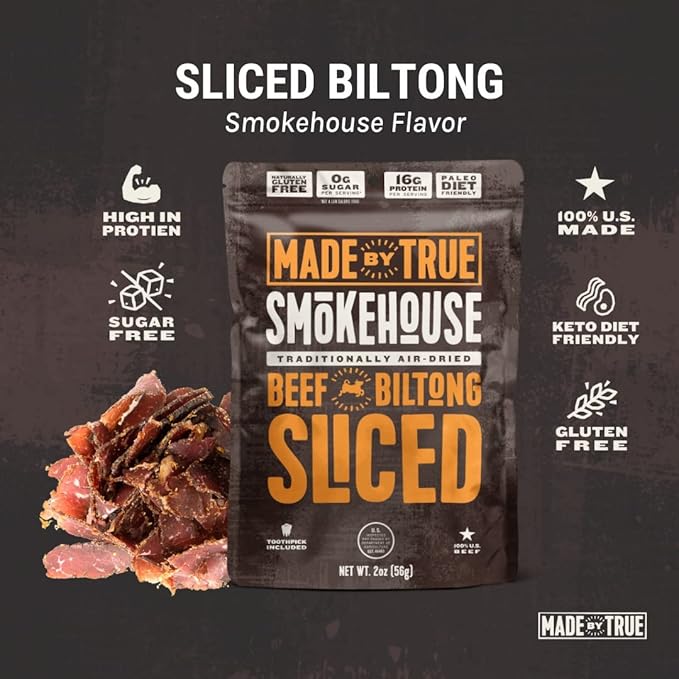 Made by True Beef Sliced Bites Smokehouse (8 Ounce Pack of 1) - All Natural Zero-Sugar True Jerky Biltong - High Protein Keto Paleo &amp Whole30 Diet - Sugar-Free Gluten-Free Carb-Free Snack P