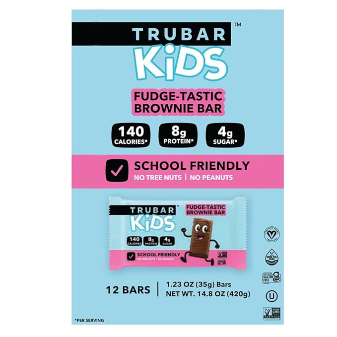 TRUBAR Kids Protein Bars Fudge-Tastic Brownie Plant Based Protein Gluten Free School-Friendly Snacks for Lunchboxes Tree Nut and Peanut Free Low Sugar Healthy On the Go Snack Bars 12 Count