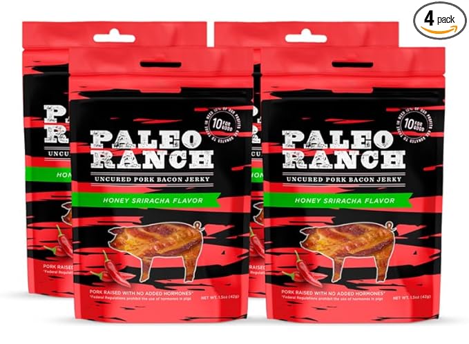 PALEO RANCH Uncured Bacon Jerky Honey Sriracha No Added Hormones No Preservatives 1.5-oz. Pouches (Pack of 4)