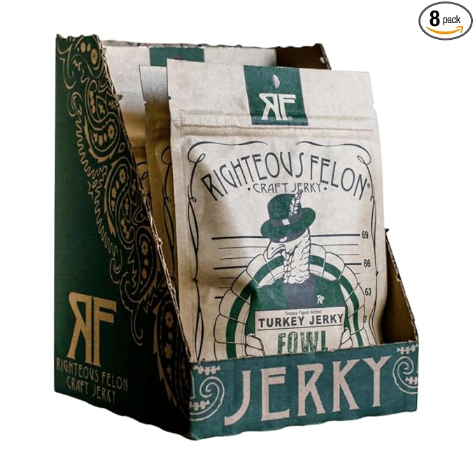 Righteous Felon Turkey Jerky - Basil Infused - All Natural Hormone and Preservative Free Protein Packed Snack - Low Sugar High-Protein Healthy Turkey Jerky For People - 8 Pack