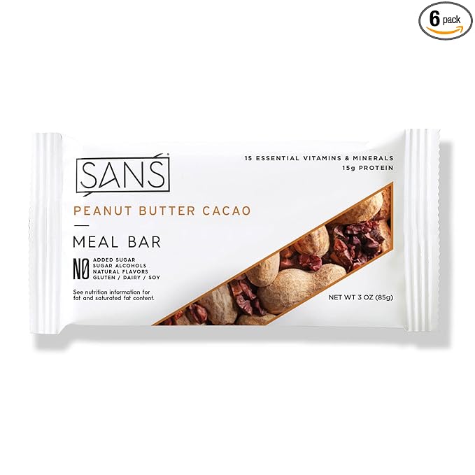 SANS Peanut Butter Cacao Meal Replacement Protein Bar | All-Natural Nutrition Bar With No Added Sugar | Dairy-Free Soy-Free and Gluten-Free | 15 Essential Vitamins and Minerals | (6 Pack)