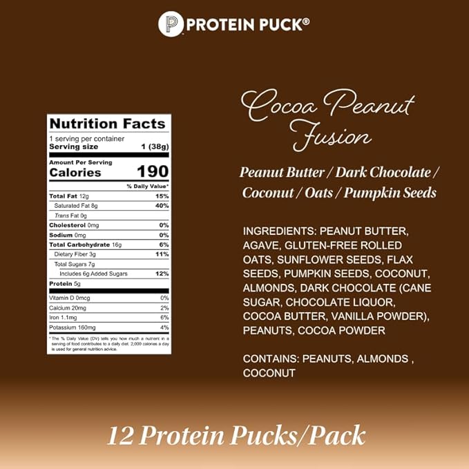 Protein Puck Vegan Plant based Protein Bar – Natural Healthy Snack Bars 12 Count 1.34oz Mini Gluten Free Dairy Free No GMO Kosher – Cocoa Peanut Fusion - Chocolate Peanut Butter Sport Nutritio