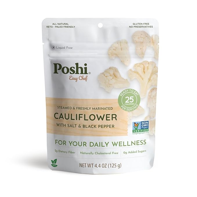 POSHI Marinated Cauliflower Florets with Salt + Black Pepper Natural Keto Vegan Non GMO Low Carb + Calorie Gluten Free Ready to Eat Fully Cooked Vegetables Pentry Food Gourmet 6 Pack 4.4 oz