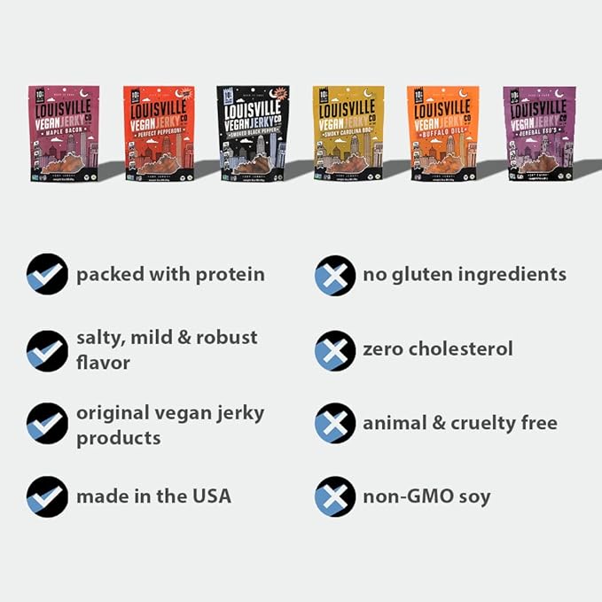 Louisville Vegan Jerky - Variety Pack 15-21 Grams of Protein Gluten-Free Ingredients Includes 2 Black Pepper 2 Perfect Pepperoni 2 Maple Bacon 2 Carolina BBQ &amp 2 Buffalo Dill (3 oz 10-Pack