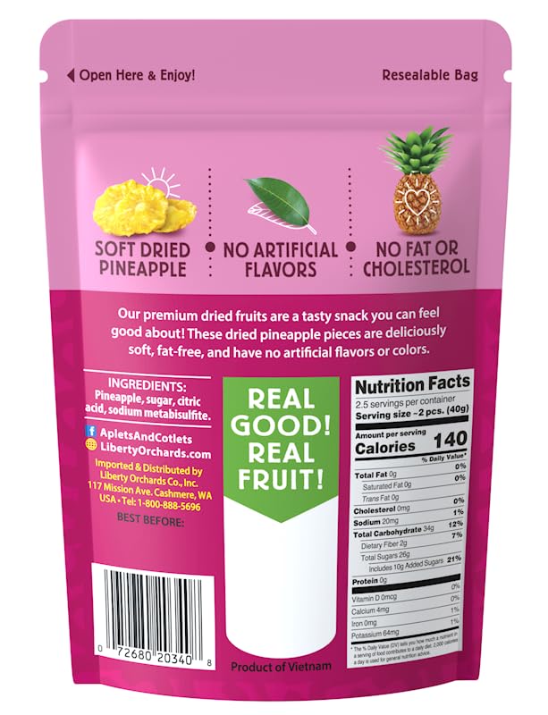 Liberty Orchard Organic Whole Dried Pineapple - Deliciously Sweet Dried Fruit Snack Packed with Fiber &amp Vitamins Vitamins - Healthy Snack Ideal for Smoothies Salads &amp Baking - 5 Pack