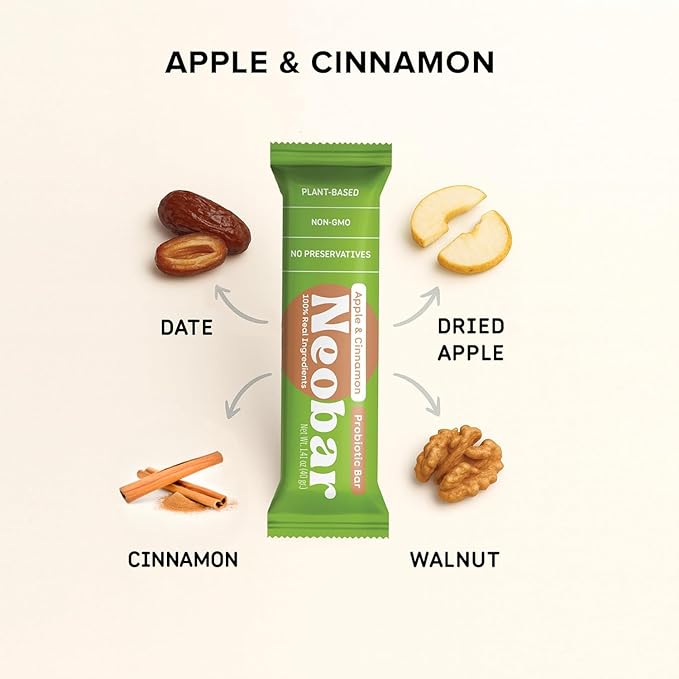 NEOBAR Probiotic Fruit and Nut Bars - Plant-Based Vegan Snack Bars Gluten Free Dairy Free Snacks No Added Sugar No Preservatives Non-GMO | Apple &amp Cinnamon12 Count