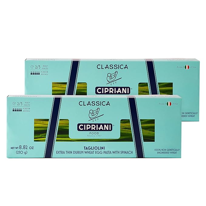 Cipriani Food Tagliolini Egg Pasta Noodles with Spinach - USDA Organic Italian Pasta Extra Thin Egg Noodle from Italy Non-GMO &amp Kosher - 250 Gram (Pack of 2)
