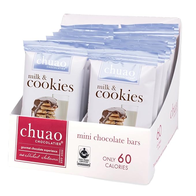 Chuao Chocolatier Milk &amp Cookies Chocolate Mini Bars | Gourmet No Preservatives | For Gift Baskets Gifts for Women Men Thank You Care Package Birthday | 24 Pack (0.39 oz each)