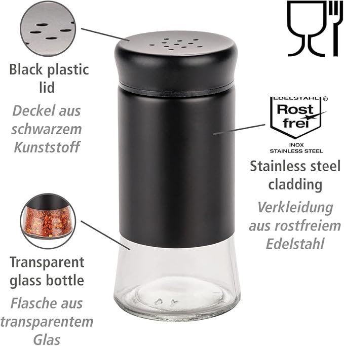 WENKO Boga glass spices set barbecue accessory with 0.14 L black outdoor kitchen spice gift set bottle made of transparent glass with lid made of black plastic Ø 5 x 11.5 cm