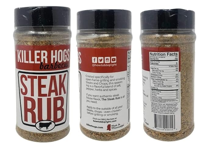 Killer Hogs Barbecue Rub Variety Pack - Steak Rub and Texas Brisket BBQ Rub - Pack of 2 Bottles - 32 oz by Volume Total - 22 oz by Weight Total - Championship BBQ and Grill Seasoning
