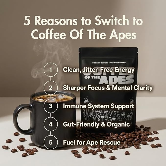 Coffee Of The Apes - Instant Mushroom Coffee: Real Arabica 6 Super Functional Mushrooms High Potency Adaptogens. Healthy Drink &amp Superfood Beverage