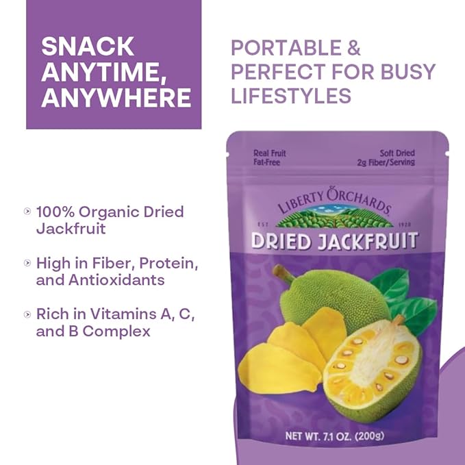 Liberty Orchard Organic Dried Jackfruit with No Added Sugar - Enjoy the Bold Flavor of Jackfruit with Fiber-Rich Snack Packs- Soft Nutrient-Packed Dried Jackfruits Ideal for Recipes - 2 Pack - 200g