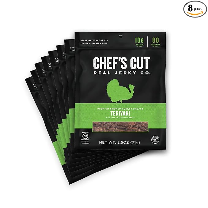 Chef’s Cut Real Turkey Jerky | High Protein Meat Snack with 10g Protein &amp 80 Calories Gluten Free Keto-Friendly Premium Lean Turkey Breast | Teriyaki | 2.5 oz (Pack of 8)