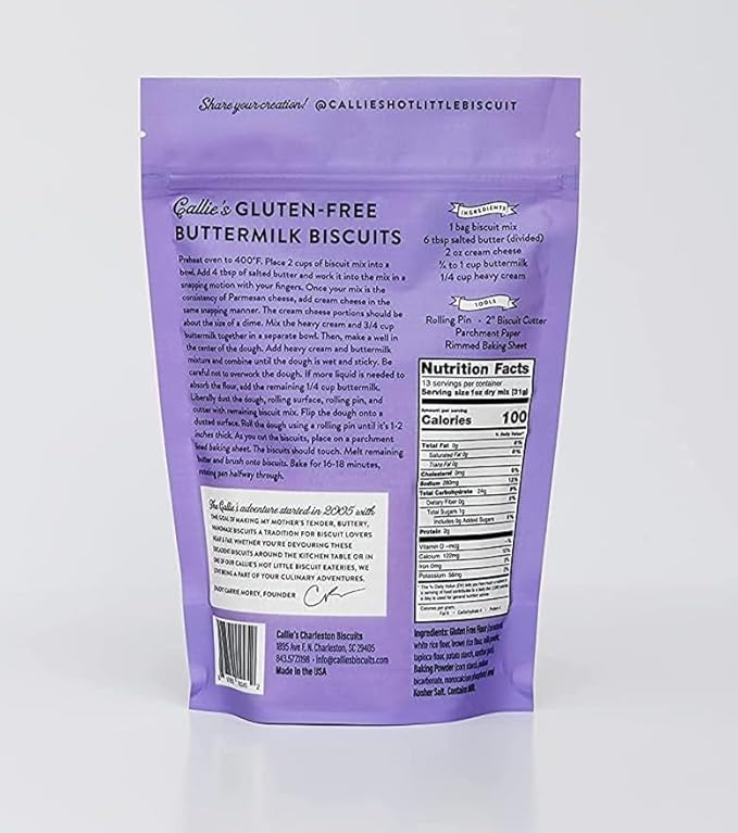 Callie’s Hot Little Biscuit Gluten-Free Buttermilk Biscuit Mix Fast &amp Easy Southern Recipe Made with White Lily Flour &amp Real Dairy No Preservatives Makes One Dozen Biscuits per Bag 13 oz