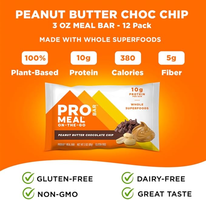 PROBAR - MEAL Bar Peanut Butter Chocolate Chip Non-GMO Gluten-Free Healthy Plant-Based Whole-Food Ingredients Natural Energy (12 Count)
