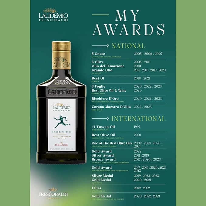 FRESCOBALDI Laudemio Extra Virgin Olive Oil 16.9 FL Oz 500ml Premium Award Winning Product of Tuscany Italy Fruity &amp Peppery Flavor Smooth &amp Robust Low Acidity Rich in Polyphenols (Pac