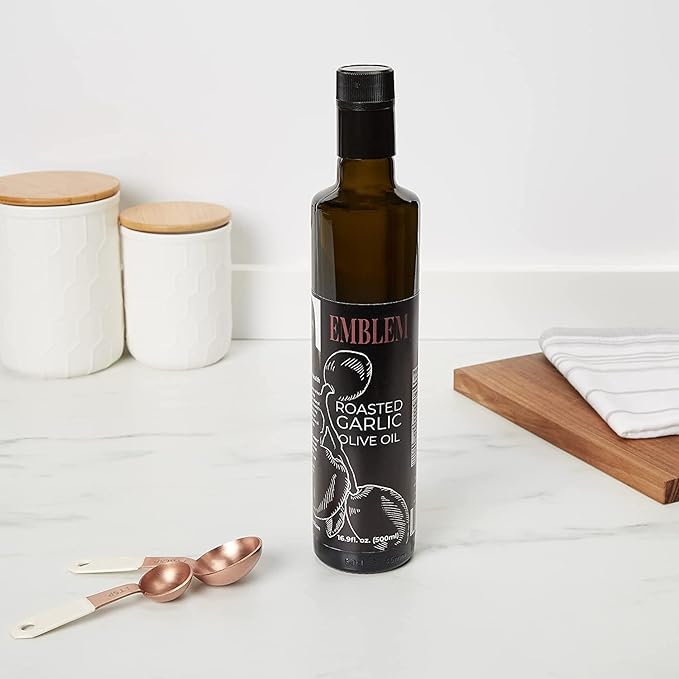 Emblem 100% Extra Virgin and Infused Olive Oil for Everyday Kitchen Use | Cold Extracted Cooking &amp Baking | Non GMO Keto Vegan Friendly 500ml (Roasted Garlic)