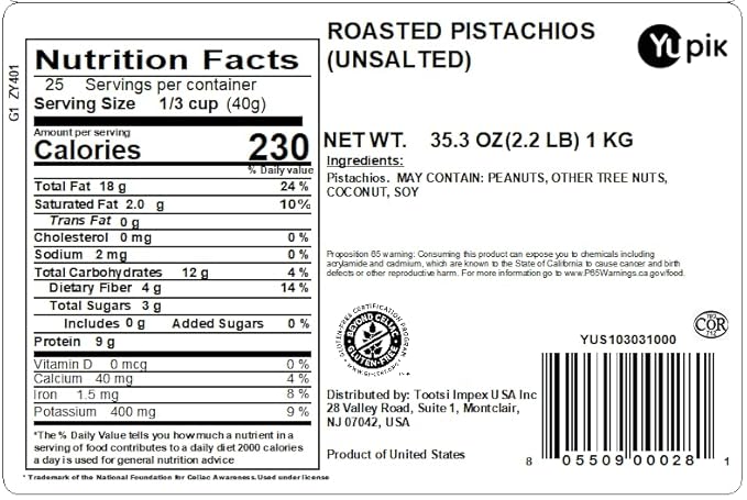 Yupik Dry Roasted Unsalted Pistachios In Shell 2.2 lb (35.3 oz) Gluten-Free Kosher Crunchy Whole Nuts With Shell No Added Salt Oil-Free Source of Fiber Protein Nuts Healthy Snacks