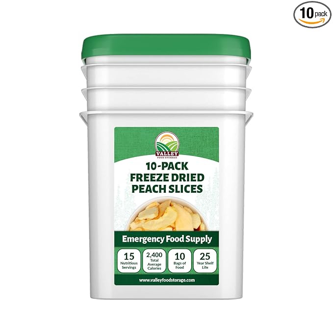Valley Food Storage Freeze Dried Peach Slices | 10-Bag Bucket 21 oz | Non-GMO Premium Emergency Food Supply 25 Year Shelf Life | Prepper Supplies Survival Food Off-Grid Living | Packaged in USA