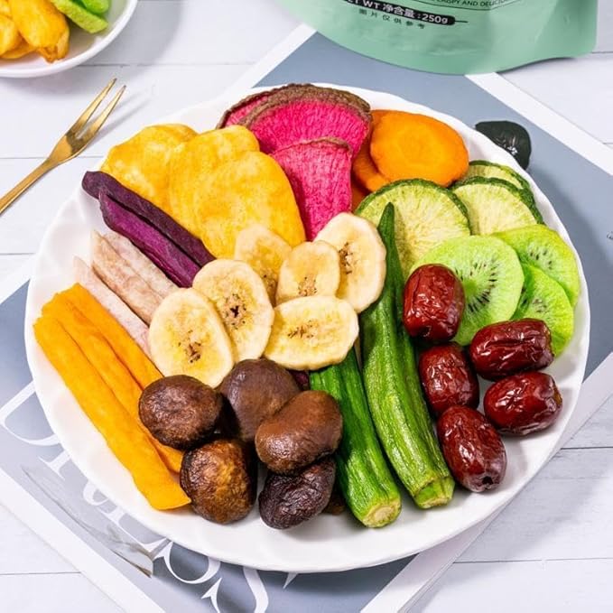 Instant Dried Vegetables and Fruits Chips 8.8 ounce/can 10 Types of Instant Dried Fruits and Vegetables Chips Mixed FruitsOkra Yellow Peach Figpurple Potato Fruit SnacksVegan (6 Cans)