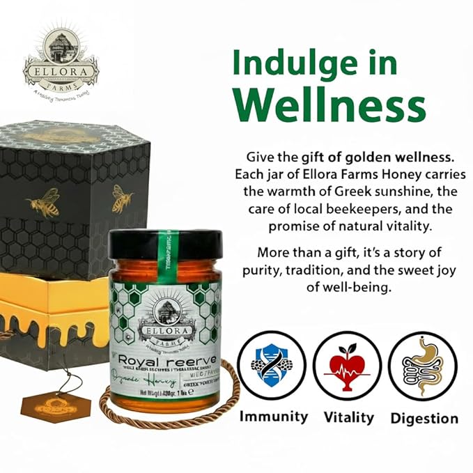 Ellora Farms Organic Honey Wild Thyme Raw Honey Greek Unfiltered Preservative and Additive Free Paris and Dubai Gold Awards Winner Gift Pack with Dipper - 450 g