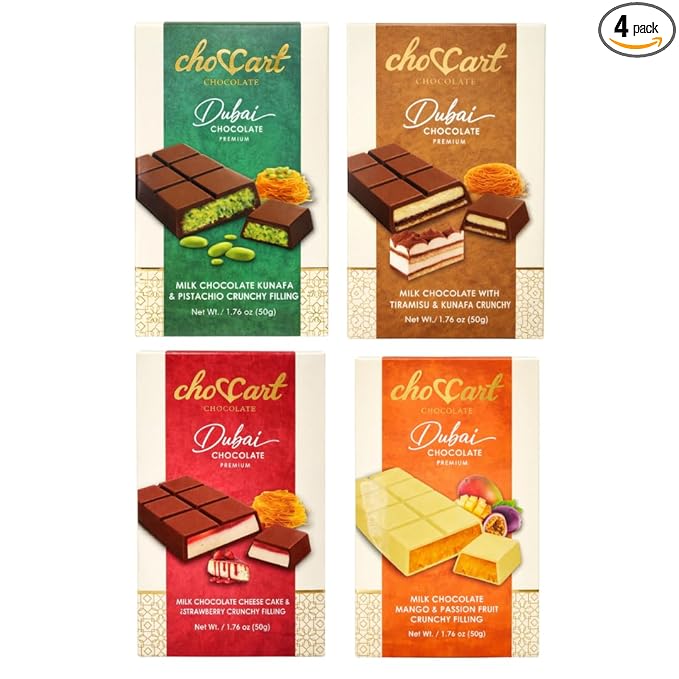 choccart Assorted Dubai Chocolate Bars – 4 Pack Bundle | Premium Milk Chocolate Variety Pack | Mango Pistachio Strawberry &amp Tiramisu | 4 x 20g | Made in UAE