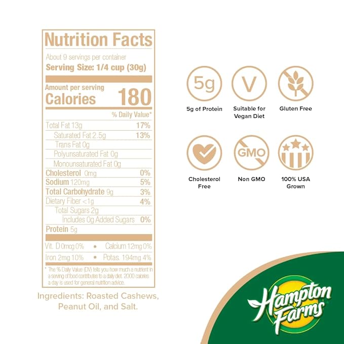 Hampton Farms - USA Grown Gourmet Nuts - Salted Super Large Whole Cashews - 10 oz. Canisters - 2 Pack