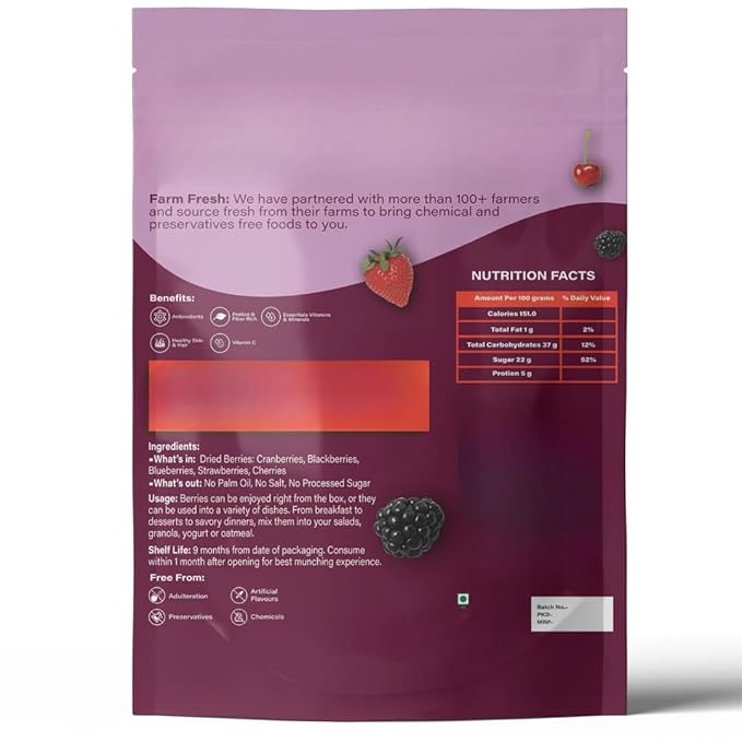 Generic Premium Mix Berries Gluten Free Non-GMO &amp VeganNatural Blueberrie Natural StrawberriesDried Cranberries Black Currants Berries Healthy Snack -100 gm