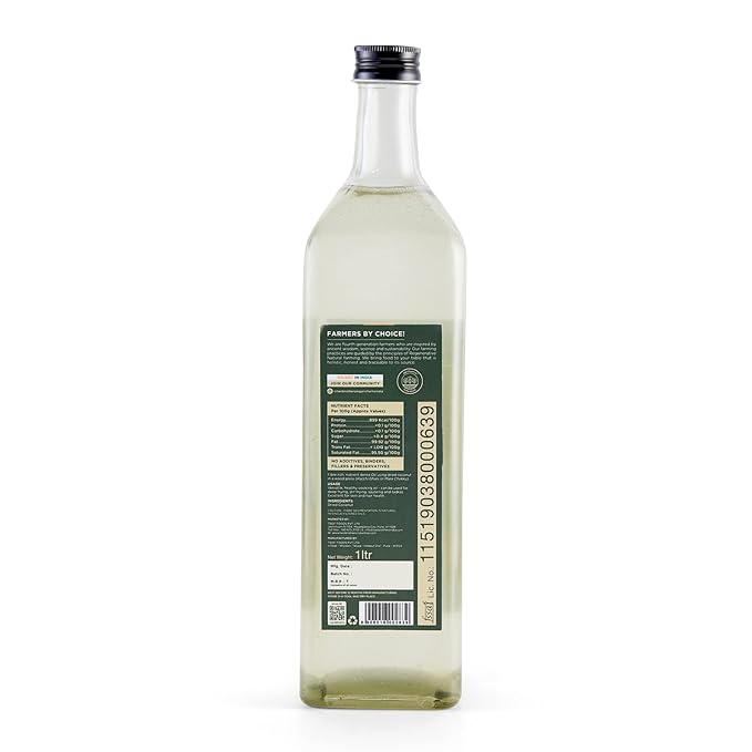 Two Brothers Organic Farms Wood Pressed Coconut Oil Kacchi Ghani/Mara Chekku Natural and Unrefined 1 Ltr (1000Ltr Glass Bottle)
