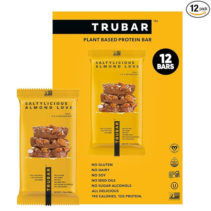 TRUBAR Vegan Protein Bar Saltylicious Almond Love Gluten Free Plant Based High Fiber Dairy Free Low Fat Non GMO No Sugar Alcohols 12G Lean Protein 13G Fiber Healthy Snack Bars 12 CT