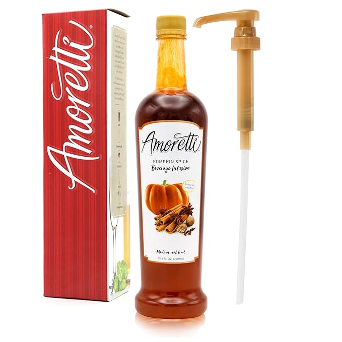 Amoretti - Pumpkin Spice Beverage Infusion 94 Servings Per Bottle (750 ml) - Drink Mix &amp Water Enhancer with Pump for Flavoring Cocktails Waters Teas and other Beverages Preservative Free