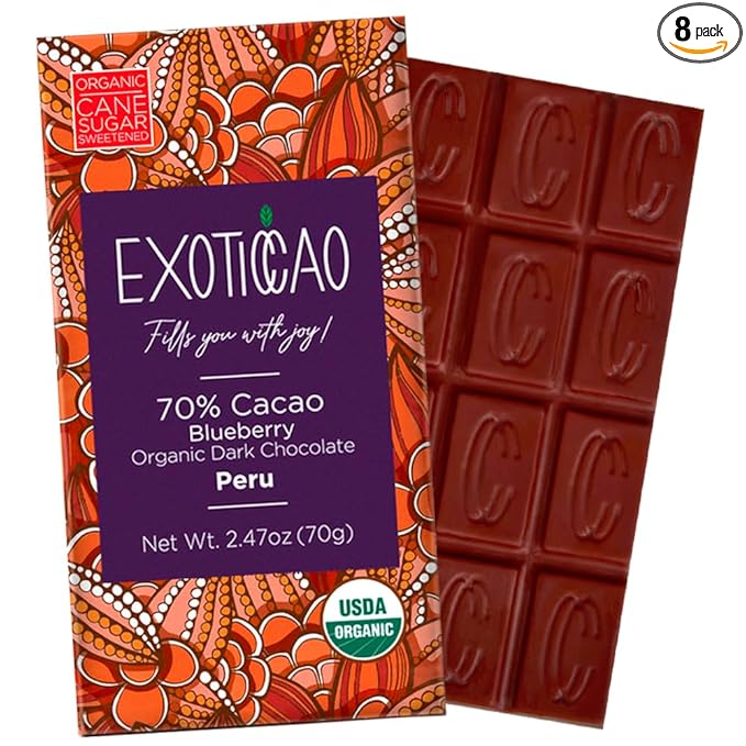 EXOTICCAO 8 Pack Blueberry Organic Dark Chocolate Bars|Cane Sugard|Gluten-Free Vegan Non GMODairy free Soy Free|70% Cacao|2.47 oz Each