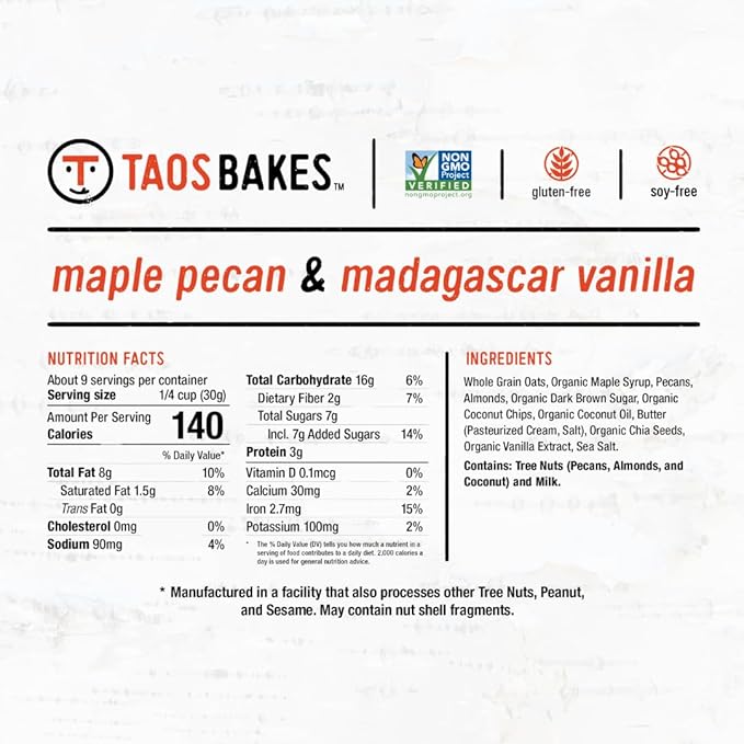 Taos Bakes - Maple Pecan &amp Madagascar Vanillar Granola - Crunchy Granola Breakfast Snack - Gluten Free No GMOS No Fillers - 10 oz (Pack of 6)