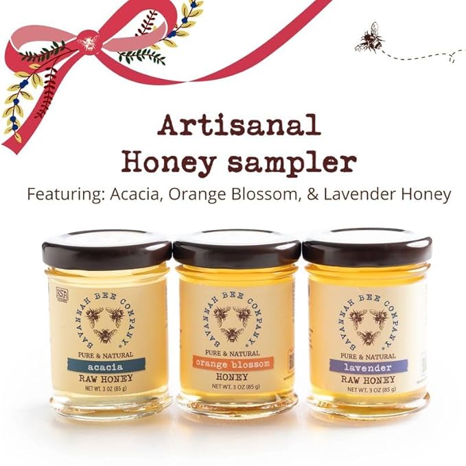 Savannah Bee Company Holiday Artisanal Honey Sampler - Premium Acacia Orange Blossom and Lavender Varietals - Perfect Gourmet Gift Set