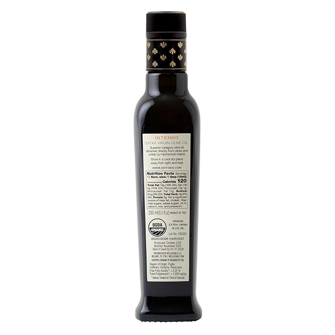 Entimio Intenso Organic Italian Extra Virgin Olive Oil from Italy 1000+ mg/kg High in Polyphenols 2025 Gold Winner Puglia Early Harvest evoo Cold Extracted Lab Tested - 8.5 fl oz
