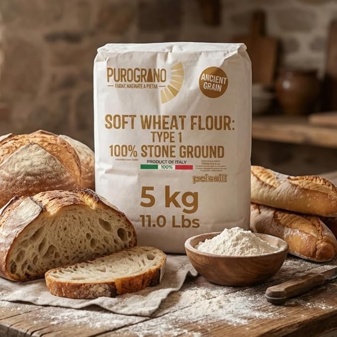 Polselli PuroGrano 100% Stone Ground Type 1 Soft Wheat Flour Bread flour– 5kg (11 lb) Ancient Italian Grain – Ideal for Sourdough Bread &amp Artisan Baking – Imported from Italy Polselli. Unble