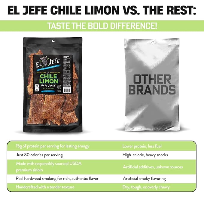 El Jefe Beef Jerky Chile Limon 7oz - Authentic Mexican Style Hispanic Slab Jerky Hand-Crafted in Small Batches for Bold and Zesty Snacking! (Pack of 2)